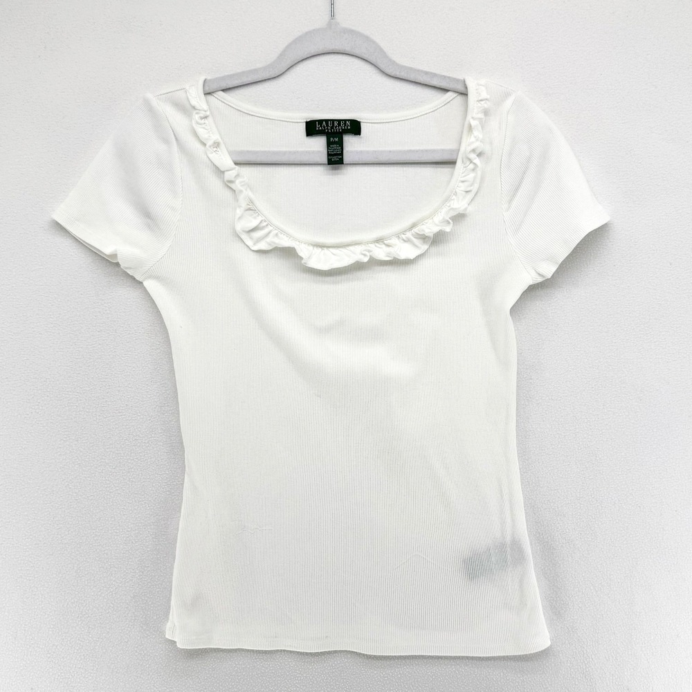Lauren Ralph Lauren Top Womens Petite Medium White Ruffle Neck Ribbed Cotton Tee